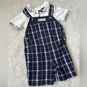 Vintage 2001 Gymboree Navy Preppy Plaid Overalls with White Polo